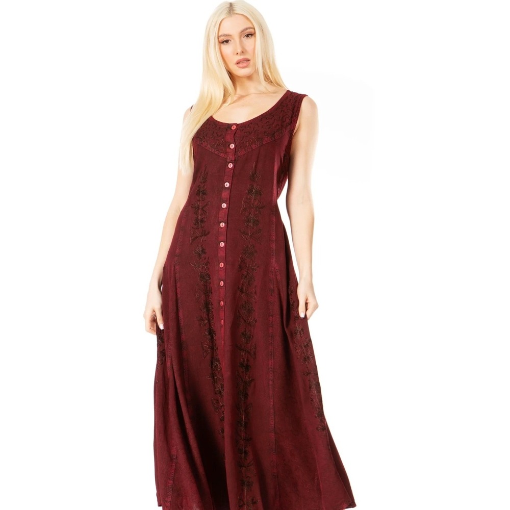 Sakkas Womens XXL Burgundy Embroidered Button Front Sleeveless Maxi Dress Boho